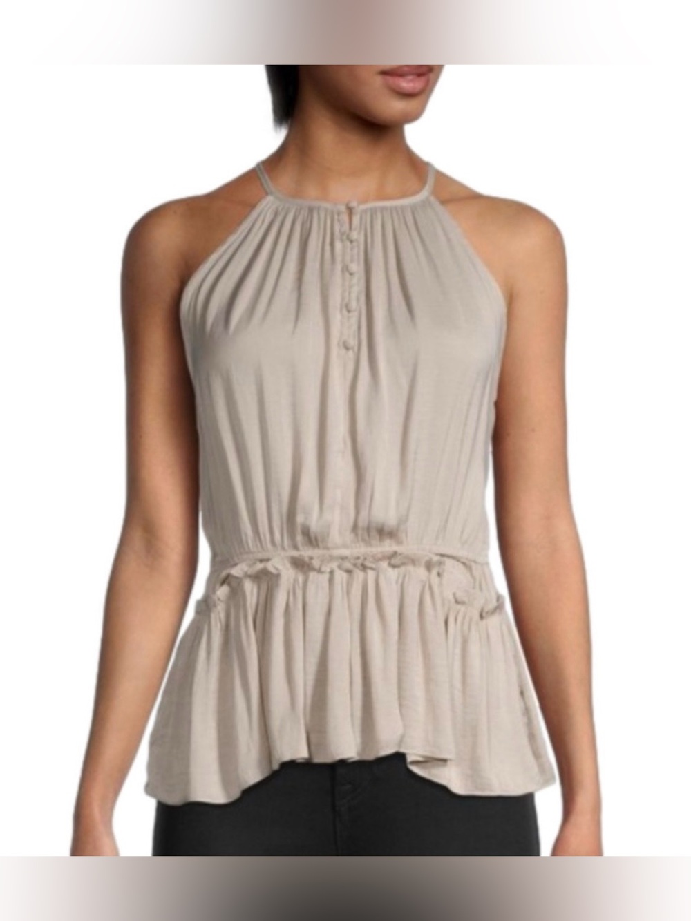 Philosophy Halter Look Sleeveless Top, Sz. S, Beige, Ruffle Bottom, Elas. Waist